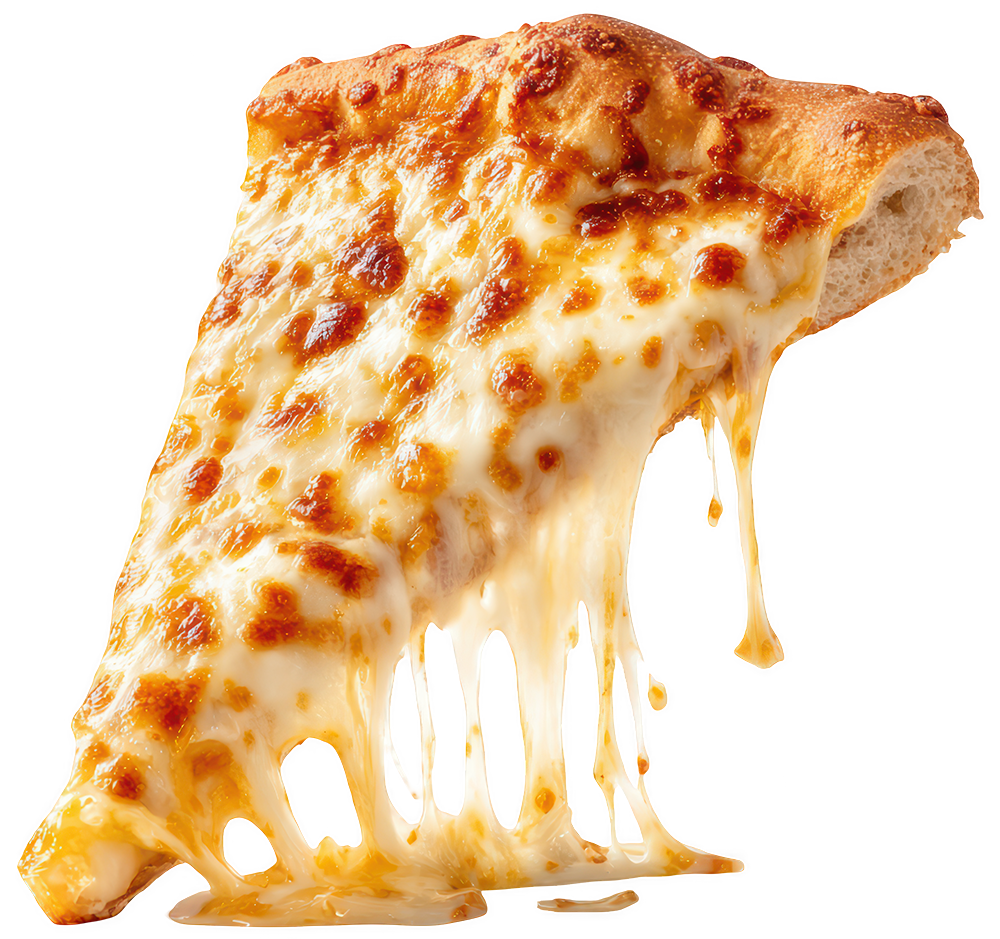 A hot cheese pizza slice with melted cheese stretching from the crust